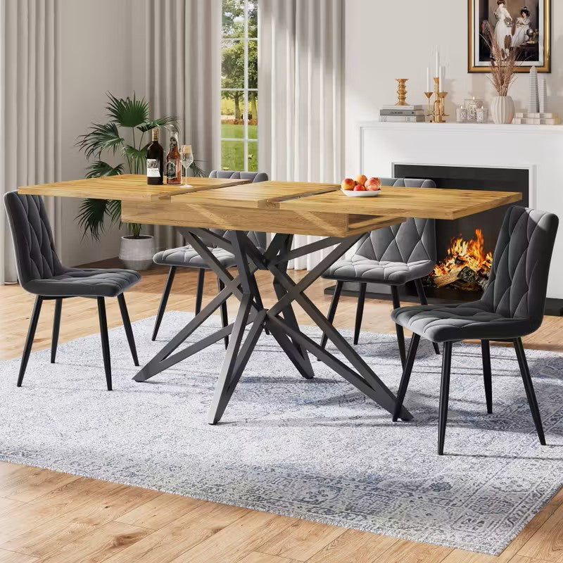 Uitbreidbare Eettafel – Verlengbare Tafel – Keukentafel – Ontbijttafel – Uitschuifbare Tafel – Walnoot MDF Blad – Zwarte Stervormige Metalen Poot