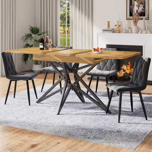 Uitbreidbare Eettafel – Verlengbare Tafel – Keukentafel – Ontbijttafel – Uitschuifbare Tafel – Walnoot MDF Blad – Zwarte Stervormige Metalen Poot