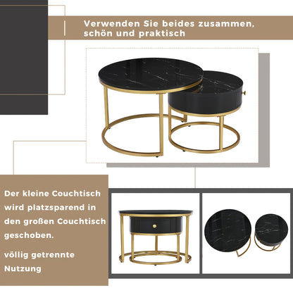 Salontafel – Koffietafel – Bijzettafel – Ronde Tafel – Woonkamertafel – Hoogglans – Imitatie Marmer Structuur – Twee Maten – Zwart