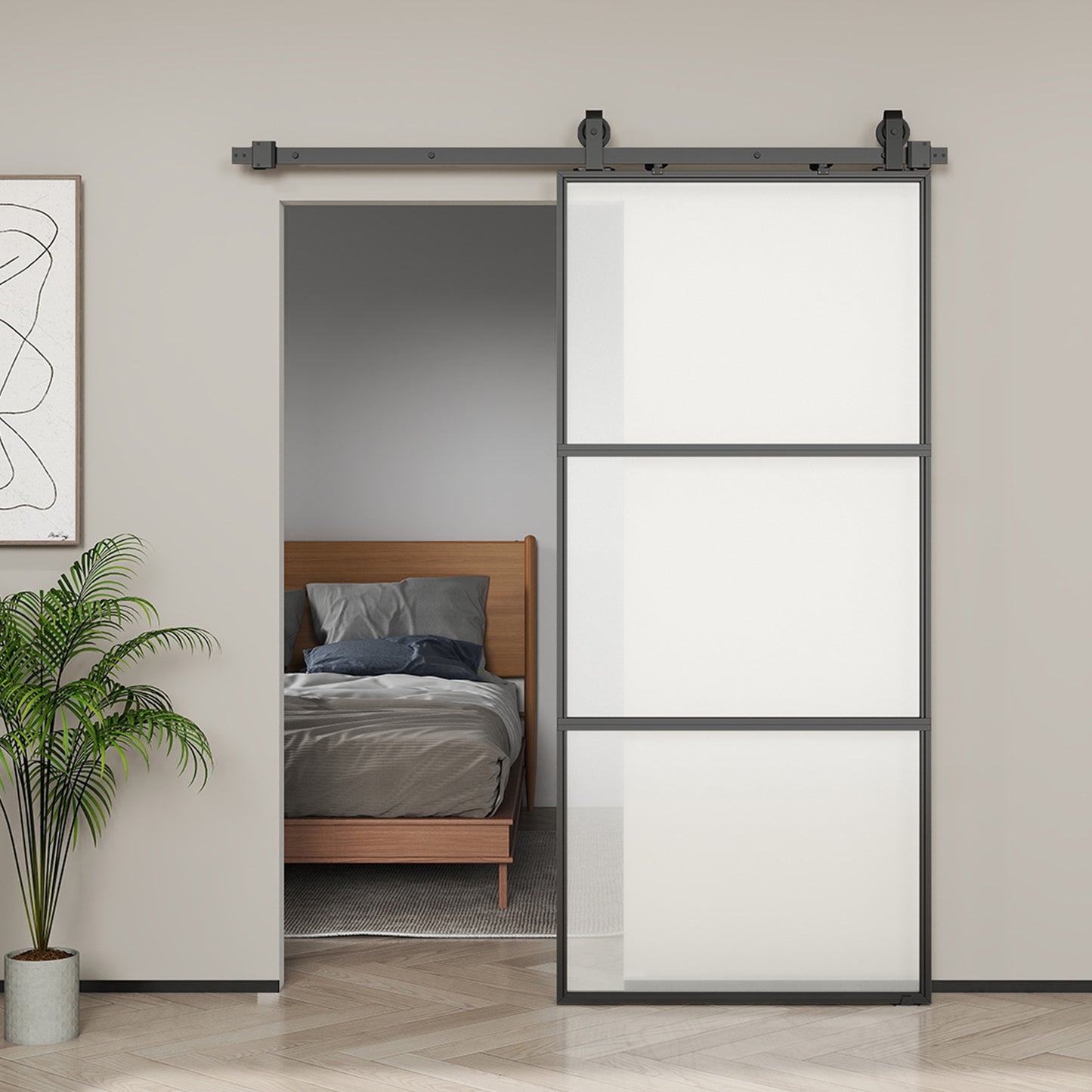Schuifdeur – Schuifpaneel – Glazen Deur – Raumtebesparende Deur – Interieurdeur – Matglas – Zwart Stalen Frame – Soft-Close Mechanisme – Eenvoudige Montage
