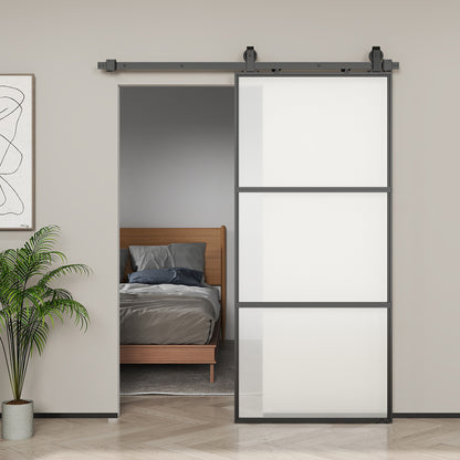 Schuifdeur – Schuifpaneel – Glazen Deur – Raumtebesparende Deur – Interieurdeur – Matglas – Zwart Stalen Frame – Soft-Close Mechanisme – Eenvoudige Montage