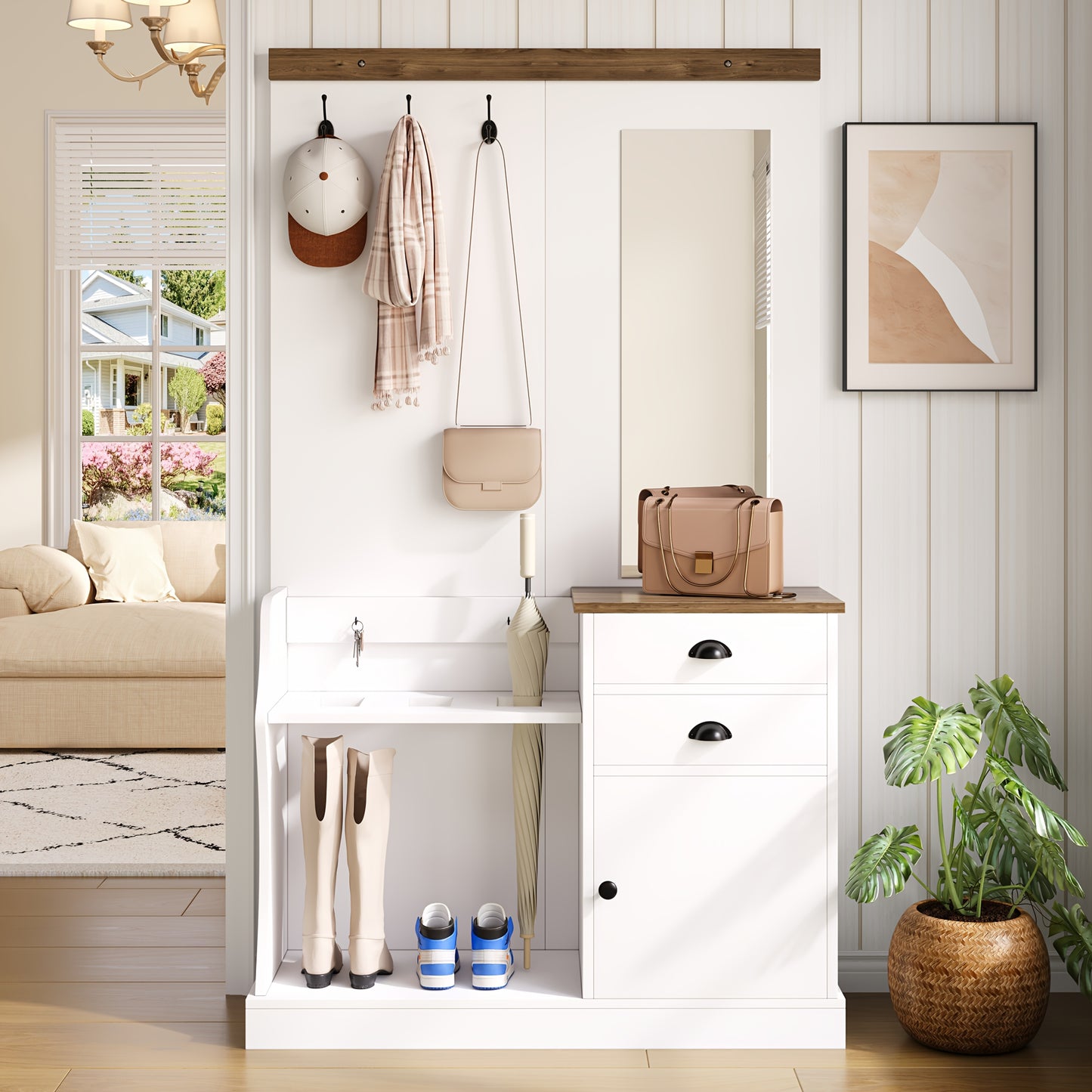 Garderoberek – Kapstok – Halrek – Schoenenrek – Spiegel – Wit Modern – Ruimtebesparend – Bamboe Materialen