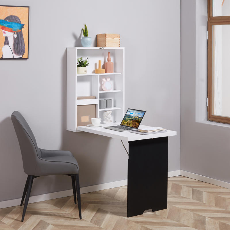 Wall-Mounted Folding Desk with 5-Compartment Tabletop - Heavy-Duty Steel Space-Saving Design, Black & White Modern Minimalist Style, Space-Saving Wall-Mounted Desk for Home Office, Small Spaces, Dorms, Apartments - Sturdy Ste