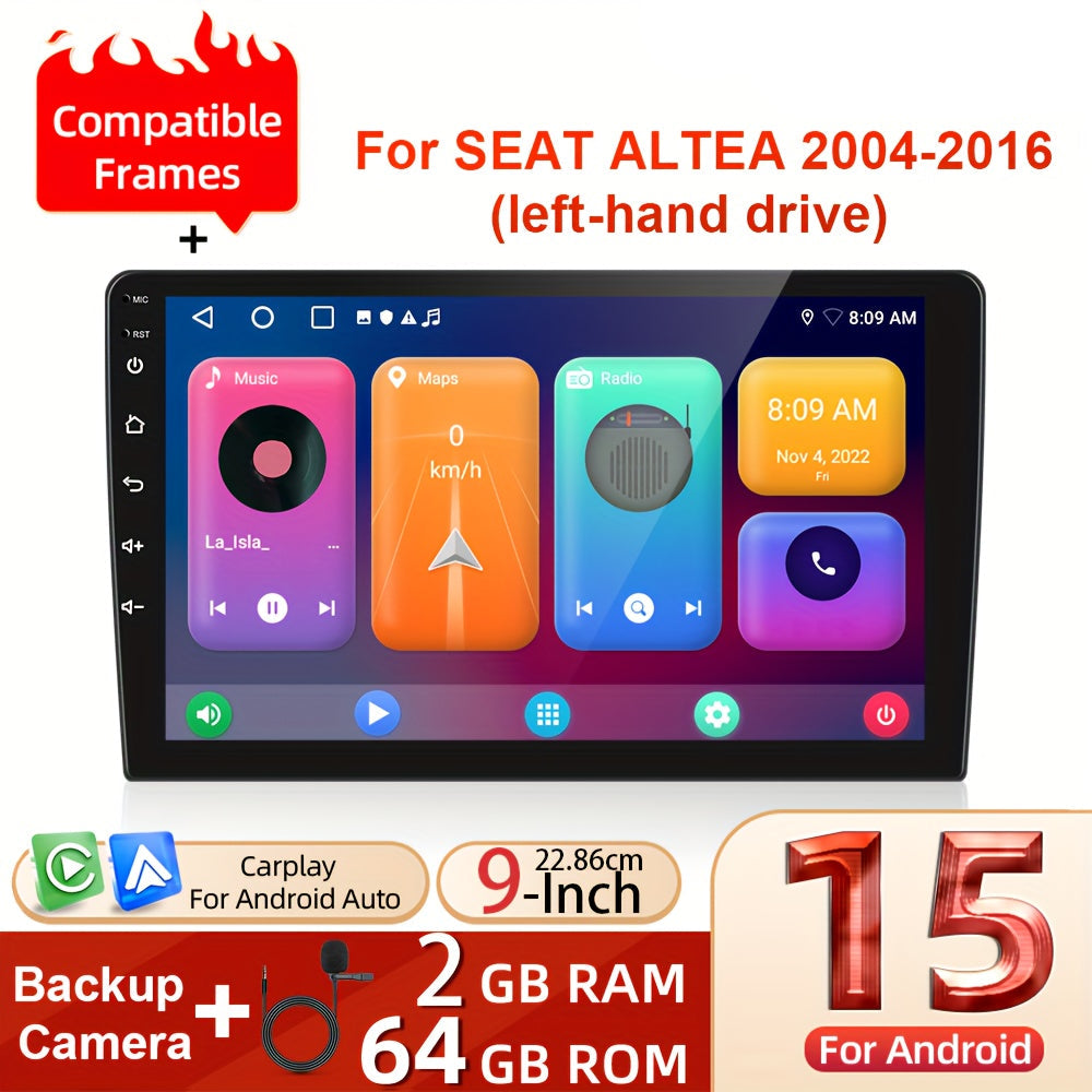 9-Inch Android Autoradio Seat Altea – Dubbele Din Navigatiesysteem – Multimedia Speler – Car Stereo – Met Ahd Achteruitrijcamera En Microfoon – Draadloze Carplay En Android Auto – 64GB Opslag, 2GB Ram