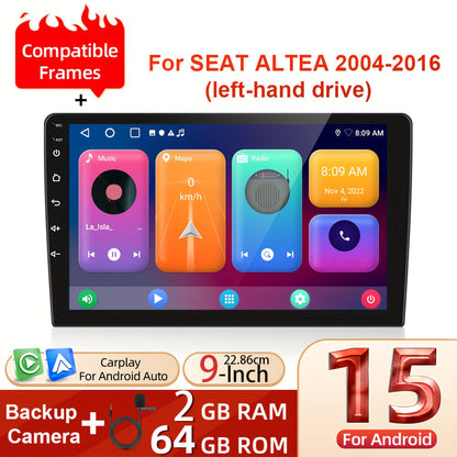 9-Inch Android Autoradio Seat Altea – Dubbele Din Navigatiesysteem – Multimedia Speler – Car Stereo – Met Ahd Achteruitrijcamera En Microfoon – Draadloze Carplay En Android Auto – 64GB Opslag, 2GB Ram