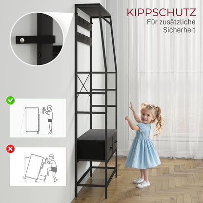Kledingrek – Garderoberek – Kapstok – Kledingstandaard – Dressboy – Industrieel Design – Metaal – 2 Stoffen Lades – 8 Haken – Schoenenrek – Zwart – 80x30x180 cm – Stevig & Ruimtebesparend