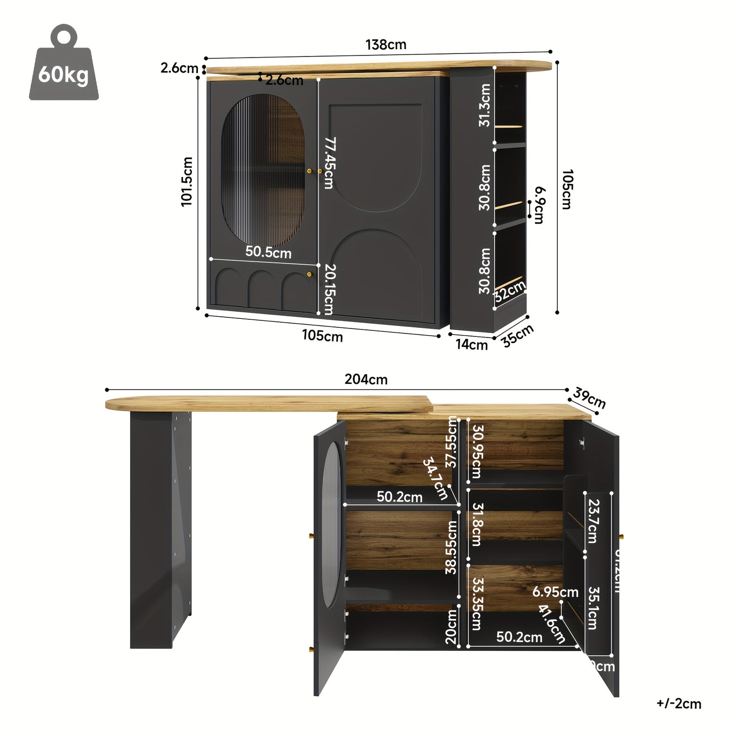 360° Rotating Bar Table, High Table (body 138 X 39 X 102cm), Coffee Bar Furniture, Rotating Dining Table with Storage Space, Kitchen Island, Three Doors with Door Frames, Removable Dividers, White/ Black, Spacesaving Furnitu