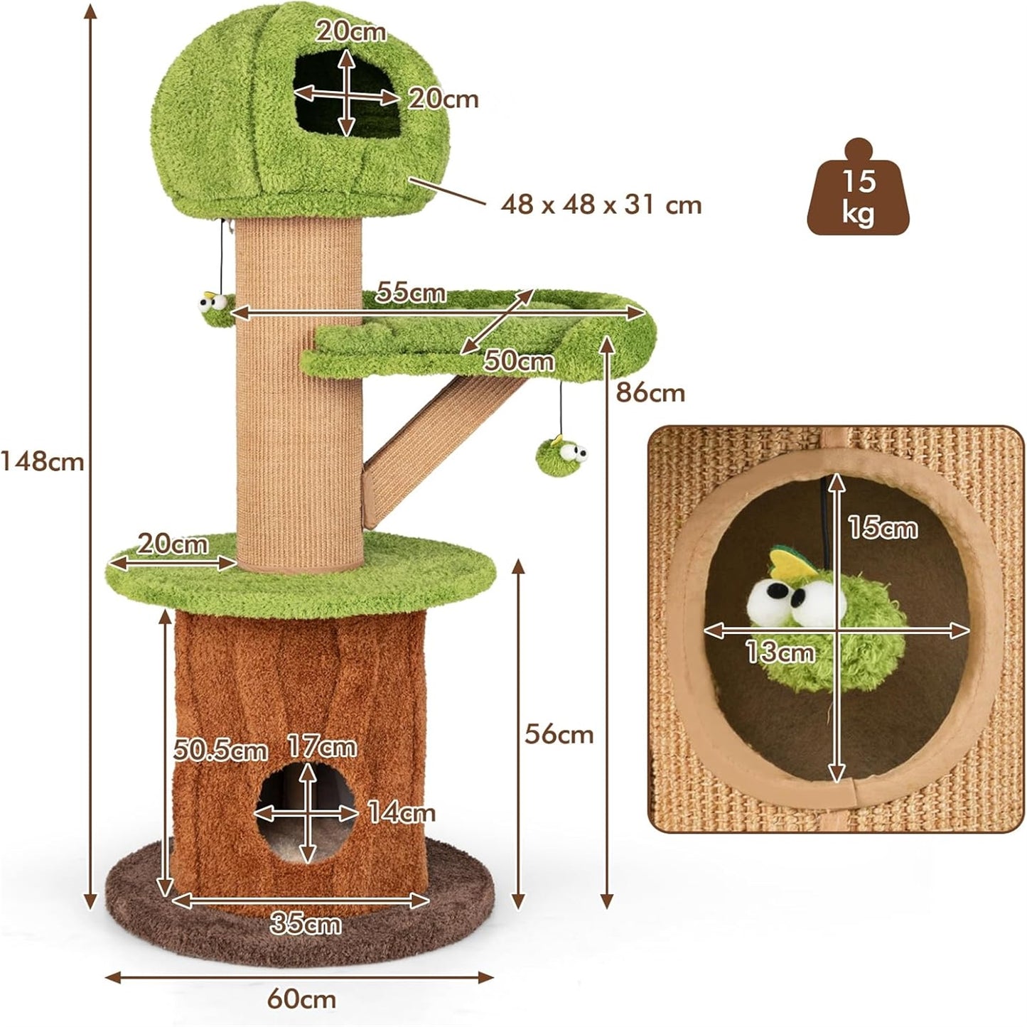 Krabpaal – Kattenboom – Kattenhuis – Krabmeubel – Kattencondo – 148 cm Hoog – Pluche Ligplek & Verborgen Speelhol
