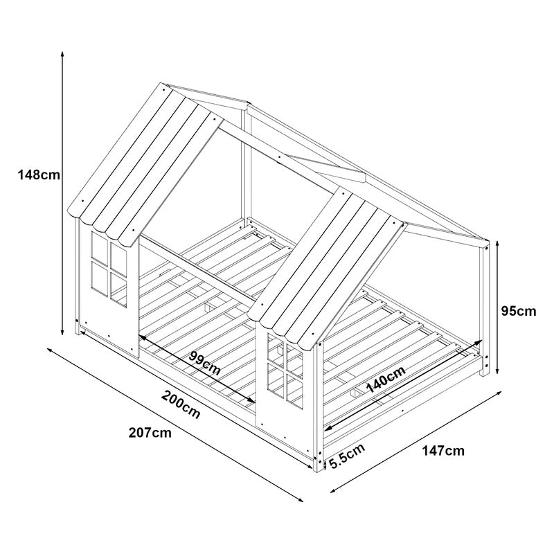 Kinderbed – Huisbed – Bedhuisje – Kinderbedhuis – Kinderbed Halfopen Huisdesign – 140x200 cm – Massief Dennehout – Inclusief Lattenbodem