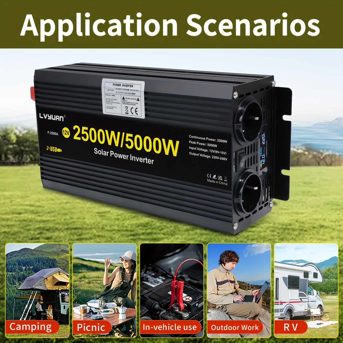 Omvormer – Spanningsomvormer – DC naar AC Converter – Auto Omvormer – Camper Omvormer – 2500W Continu Vermogen – LCD Display & Aluminium Behuizing