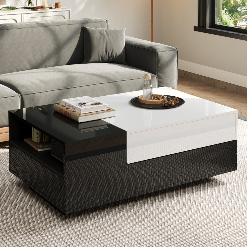 Salontafel – Koffietafel – Woonkamertafel – Dressoirtafel – Bijzettafel – Hoogglans Spaanplaat – Grote Opberglade Met Schuifplaat – Geometrisch Zwart-Wit Design