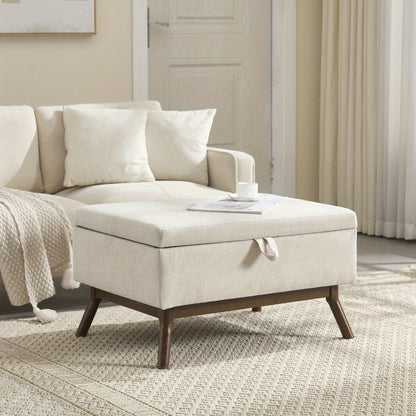 Opbergpoef – Opbergbox – Zitkussen – Poefbank – Voetenbank – Beige – Mid-Century Modern – Microvezel Bekleding – Houten Frame – Ruime Opbergruimte – Lichtgewicht & Compact