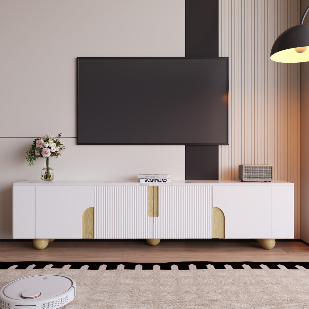White TV Cabinet 180cm | Four-Door Design, Elegant Silhouette, Marble-Effect Textured Surface, Spherical Wooden Base, Metal Material