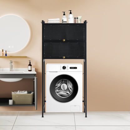 Wasmachine Meubel – Wasmachine Kast – Wasmachine Ombouw – Wasmachine Opbergrek – Wastafel Meubel – Zwart – 3-Lagens Opbergruimte – 6 Afneembare Haken – Carbonstaal & Kunststof – Vrijstaand – Compact 70x25x167 cm