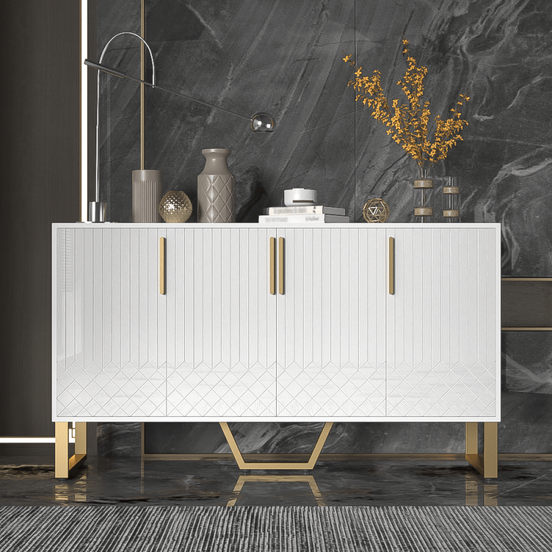 Dressoir – Ladekast – Opbergkast – Buffetkast – Kast – Hoogglans Wit – 4 Deuren – Metaal Handvatten & Poten – Geometrisch Design – 140x40x80 cm