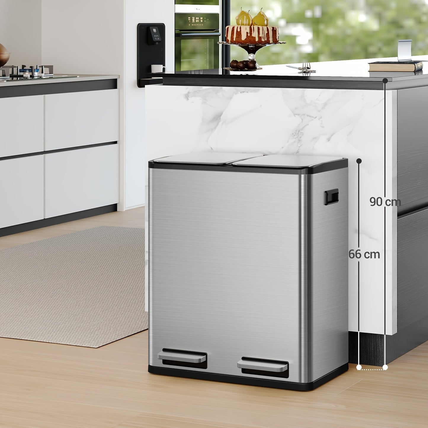 Rubbish Bin, Kitchen Pedal Bin, 60L ( 2 X 30 L ), Stainless Steel Waste Sorting System, Silent Slow Lid Closure, With 15 Exclusive Bags, Silver - QUORE