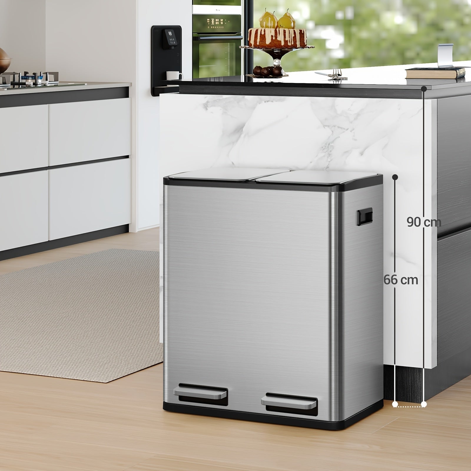 Rubbish Bin, Kitchen Pedal Bin, 60L ( 2 X 30 L ), Stainless Steel Waste Sorting System, Silent Slow Lid Closure, With 15 Exclusive Bags, Silver - QUORE