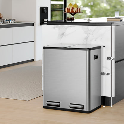 Rubbish Bin, Kitchen Pedal Bin, 60L ( 2 X 30 L ), Stainless Steel Waste Sorting System, Silent Slow Lid Closure, With 15 Exclusive Bags, Silver - QUORE