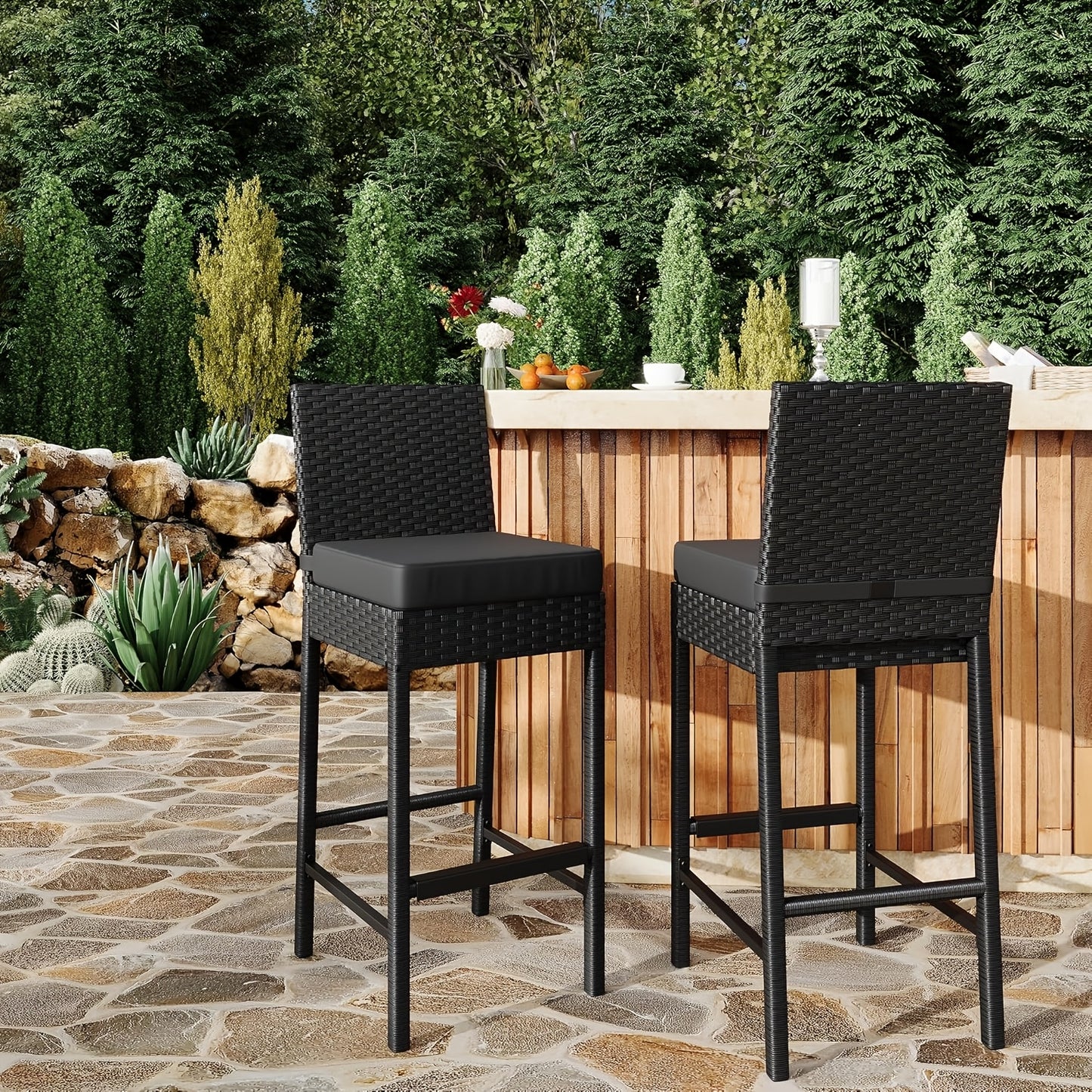 Wicker Barstoel – Tuin Barstoel – Barkruk Buiten – Rattan Barstoel – Balkon Barstoel – Set Van 2 – Weerbestendig Kunststof Rattan – Armless Comfortabele Zit