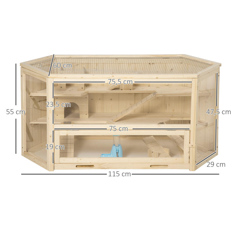Small Animal Cage, Rodent Cage, Rodent Home with 1 Ramp, 1 Seesaw, Removable Bottom Tray, Made of Fir Wood, Natural, Hamster Cage, Rat Cage, Large Hamster Cage, Guinea Pig Cage, Chinchilla Cage, Bunny Cage, Ferret Cage, Gerbi