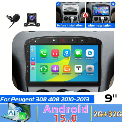 Android Autoradio – 2-DIN Head Unit – Multimedia Speler – CarPlayer – Radio Installatie – 9 Inch IPS Touchscreen – Draadloze Android Auto & Achteruitrijcamera Voor Peugeot 308 408 (2010-2013)