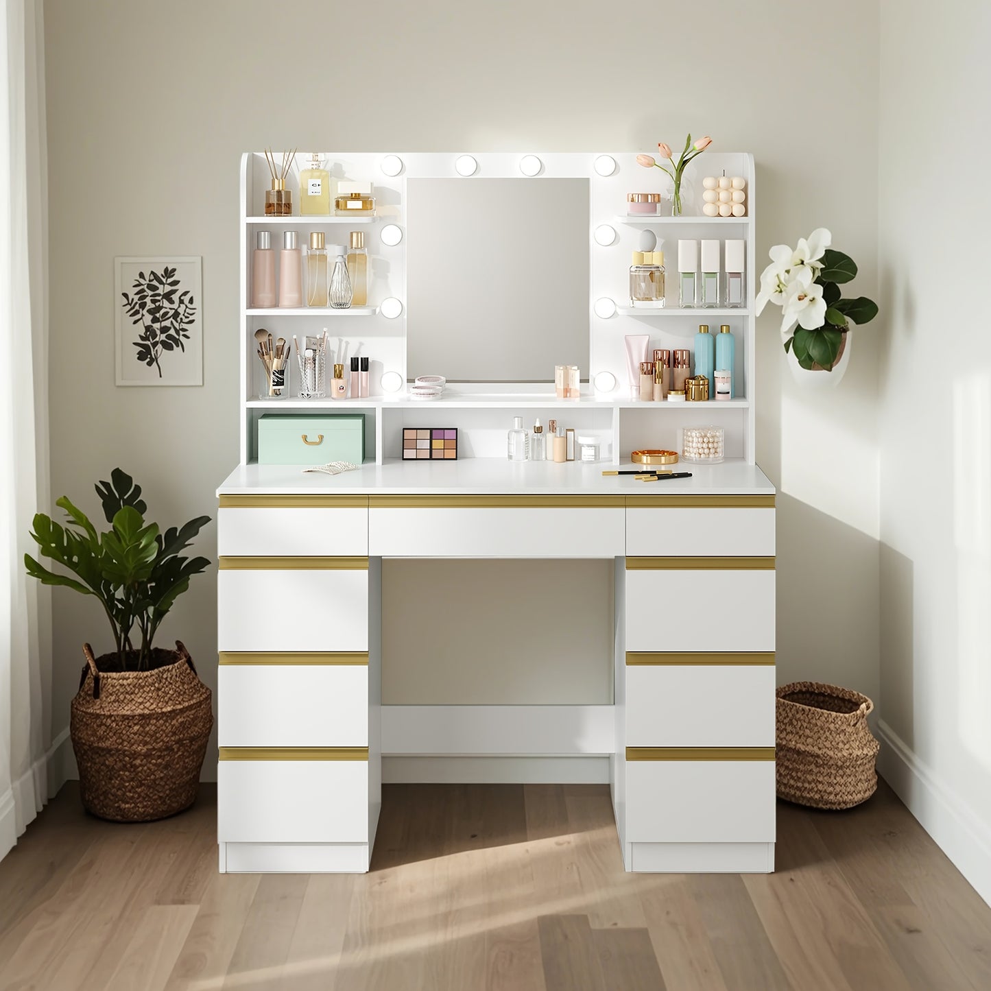 Dressing Table, 3 Colors, Adjustable Brightness, Large HD Mirror, 1 Large Drawer And 8 Small Drawer Cabinets, 9 Open Shelves, White