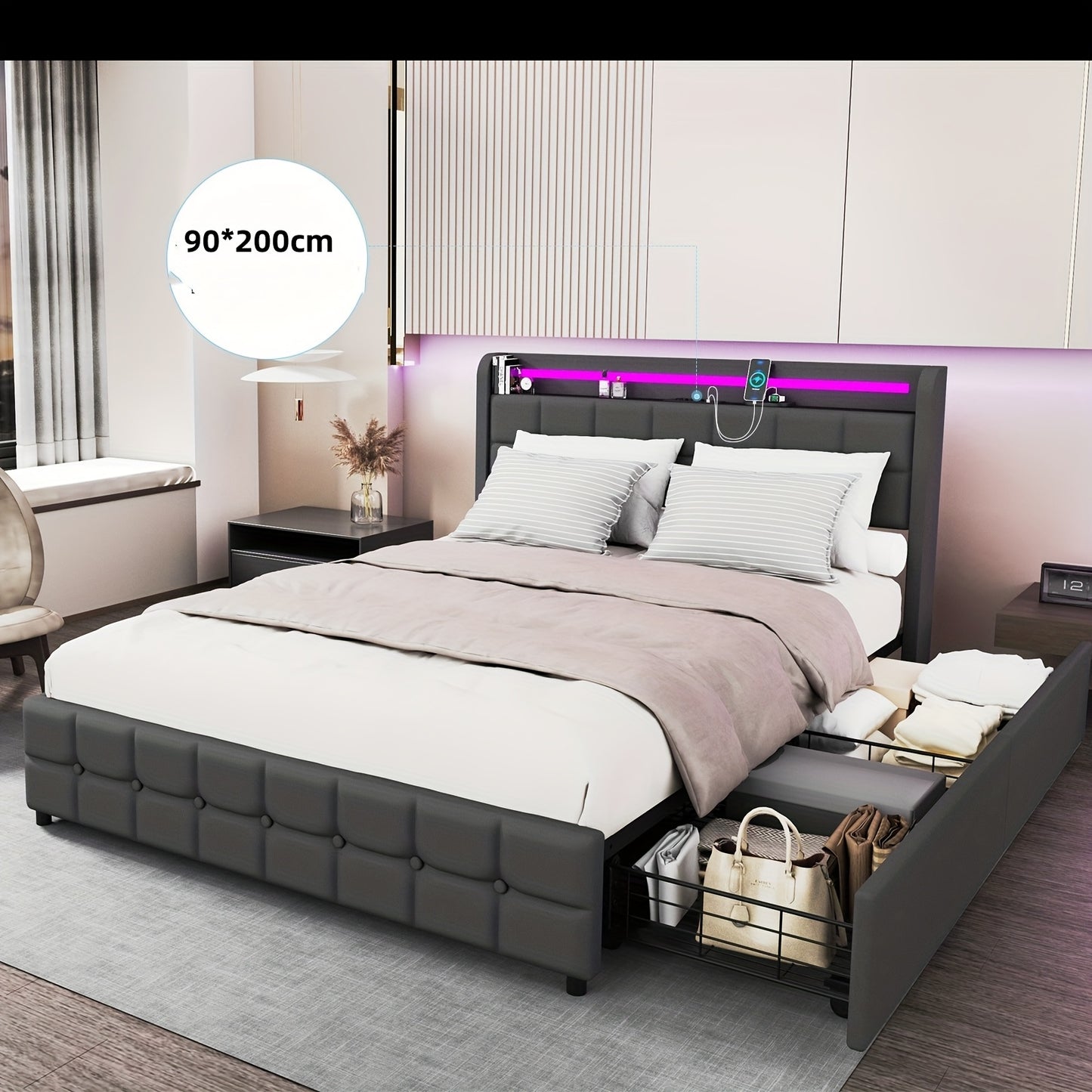 Eenpersoonsbed – Bedframe – Single Bed – Opbergbed – Slaapbank – 90x200 cm – Met 2 Opberglades – Stevige Houten Lattenbodem
