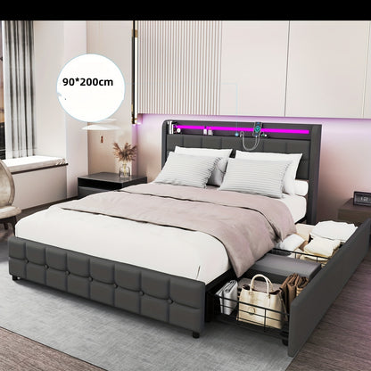 Eenpersoonsbed – Bedframe – Single Bed – Opbergbed – Slaapbank – 90x200 cm – Met 2 Opberglades – Stevige Houten Lattenbodem