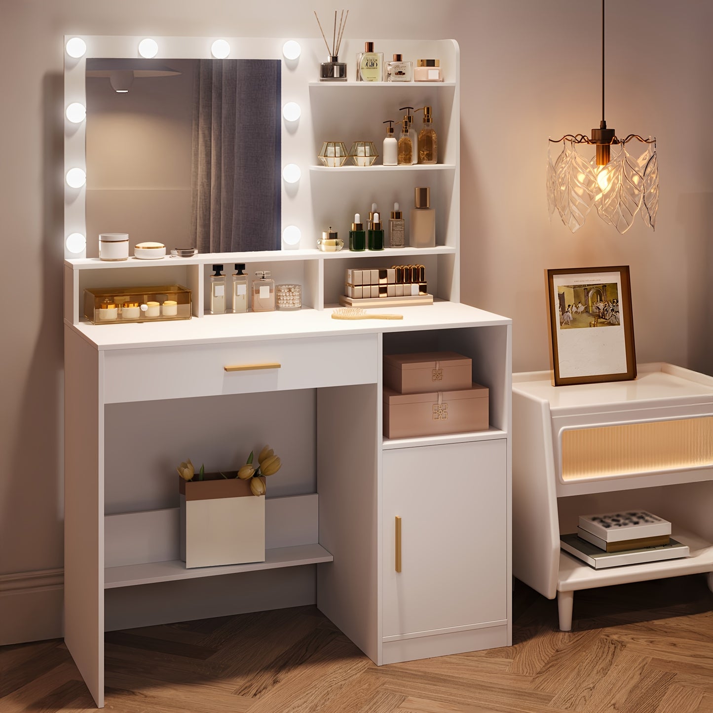 Dressing Table with Mirror And 10 LED Lights, Dressing Table with 3 Shelves & 4 Open Compartments, Dressing Table with Large Drawer & Cabinet, 3 Adjustable Lighting Levels, Mounted Closet Systems