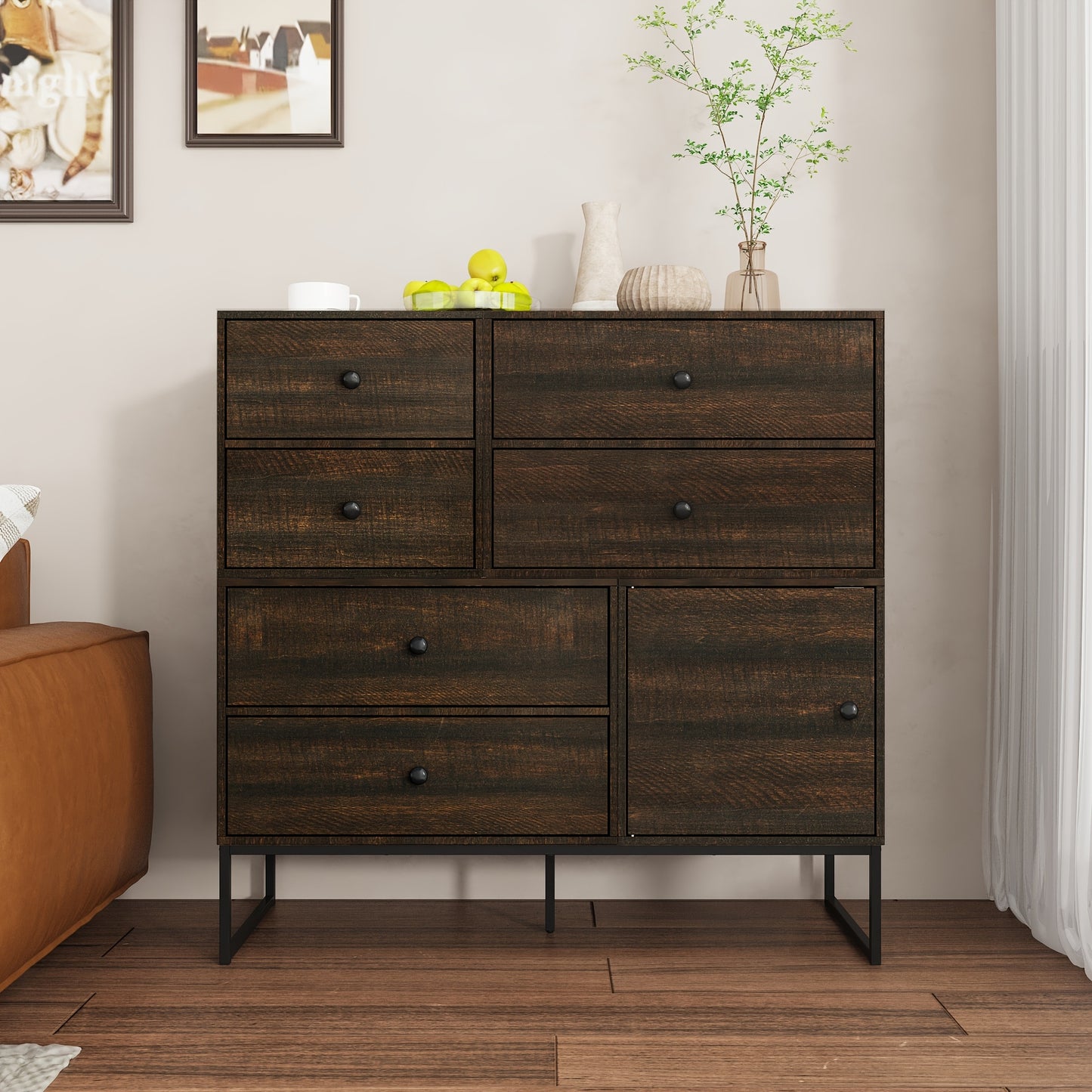 Ladekast – Ladenkast – Opbergkast – Dressoir – Commode – 6 Lades & 1 Deur – MDF Houtnerf – Compact Design 100x40x98 cm