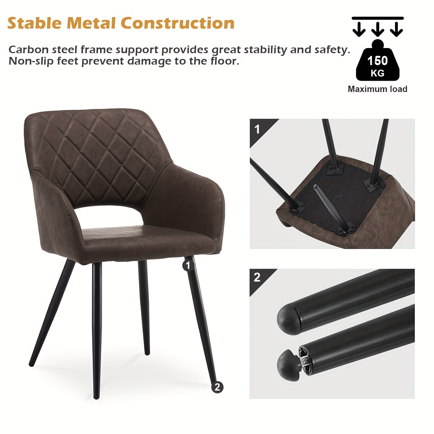 Eetkamerstoel – Stoel – Zithoekstoel – Keukenstoel – Armstoel – Set van 2 Donkerbruin – Memory Foam Zitting – Kunstleren Bekleding – Stevig Metalen Frame