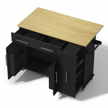 Keukenwagen – Keukentrolley – Keukenkar – Serveerwagen – Mobiele Keukenhulp – Zwart – Uitklapbaar Werkblad 120×65 cm – 3-Laags Uittrekbare Organizer Met 2 Lades
