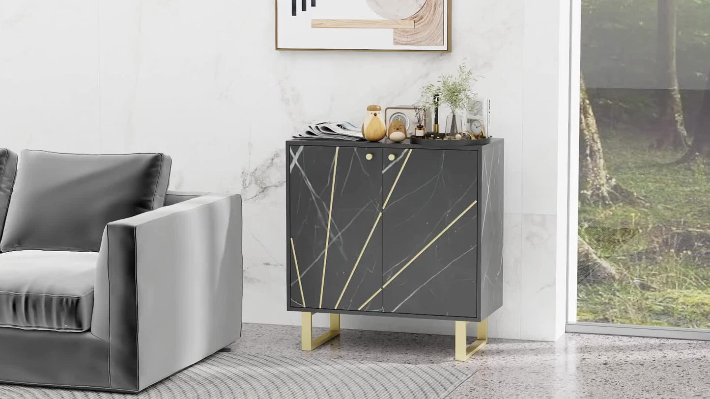 Buffetkast – Opbergkast – Dressoir – Kast – Kast Met Deuren – Zwarte Marmerlook – Verstelbare Plank – Metalen Poten – Compact 76x35x77 cm