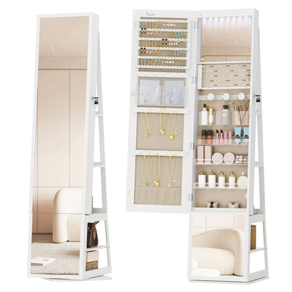 Mirror Jewellery Cabinet, Standing Jewellery Organiser with 360° Rotating Base, Full Length Lockable Mirror, Large 4-Tier Storage Compartments, 4-in-1 Multifunctional, White, Jewelry Armoires - QUORE