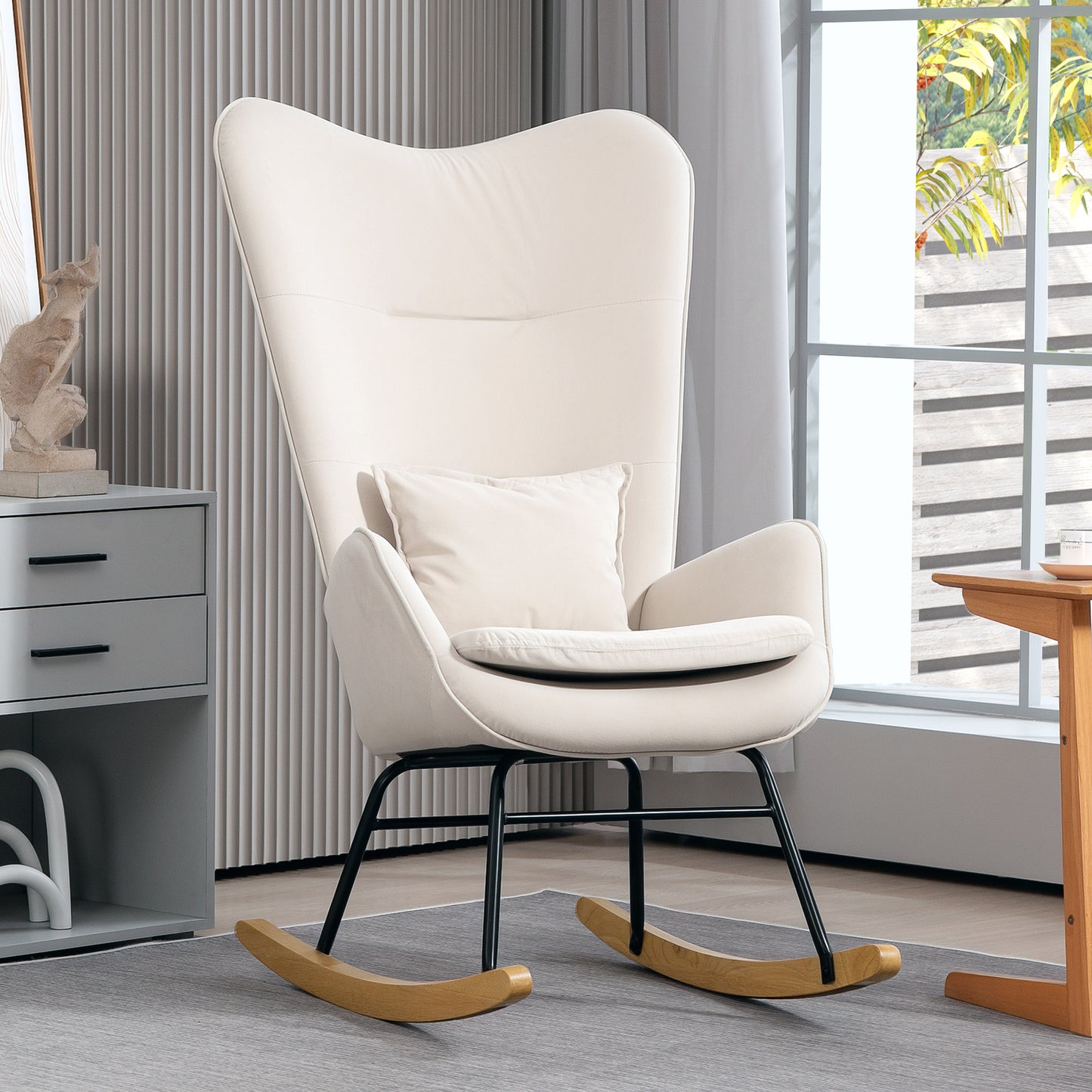 Schommelstoel – Relaxstoel – Schommelzetel – Lounge Chair – Stiltestoel – Crèmewit – Stabiele Houten Poten – Ergonomisch Met Lendenkussen