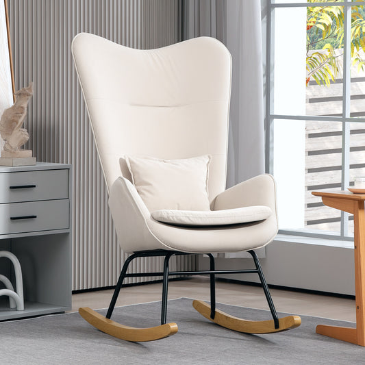 Schommelstoel – Relaxstoel – Schommelzetel – Lounge Chair – Stiltestoel – Crèmewit – Stabiele Houten Poten – Ergonomisch Met Lendenkussen