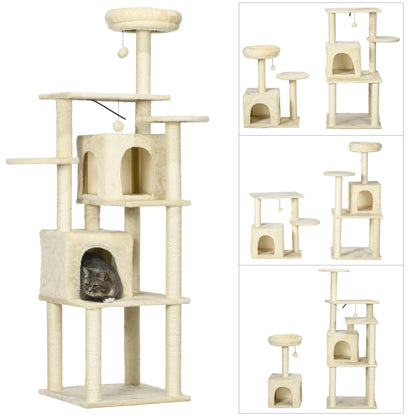 Krabpaal – Kattenboom – Kattenhuis – Krabmeubel – Kattenpaal – 171 cm Hoog – Met 2 Nestjes en 6 Platforms – Natuurlijk Sisal & Hangpompons