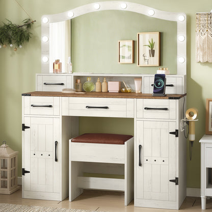 Kaptafel – Make-uptafel – Beautytafel – Schoonheidstafel – Toiletmeubel – Rustiek Bruin-Wit – Led-Verlichting Met 3 Lichtstanden – 5 Lades + 2 Kastdeuren Met Haardrogerhouder