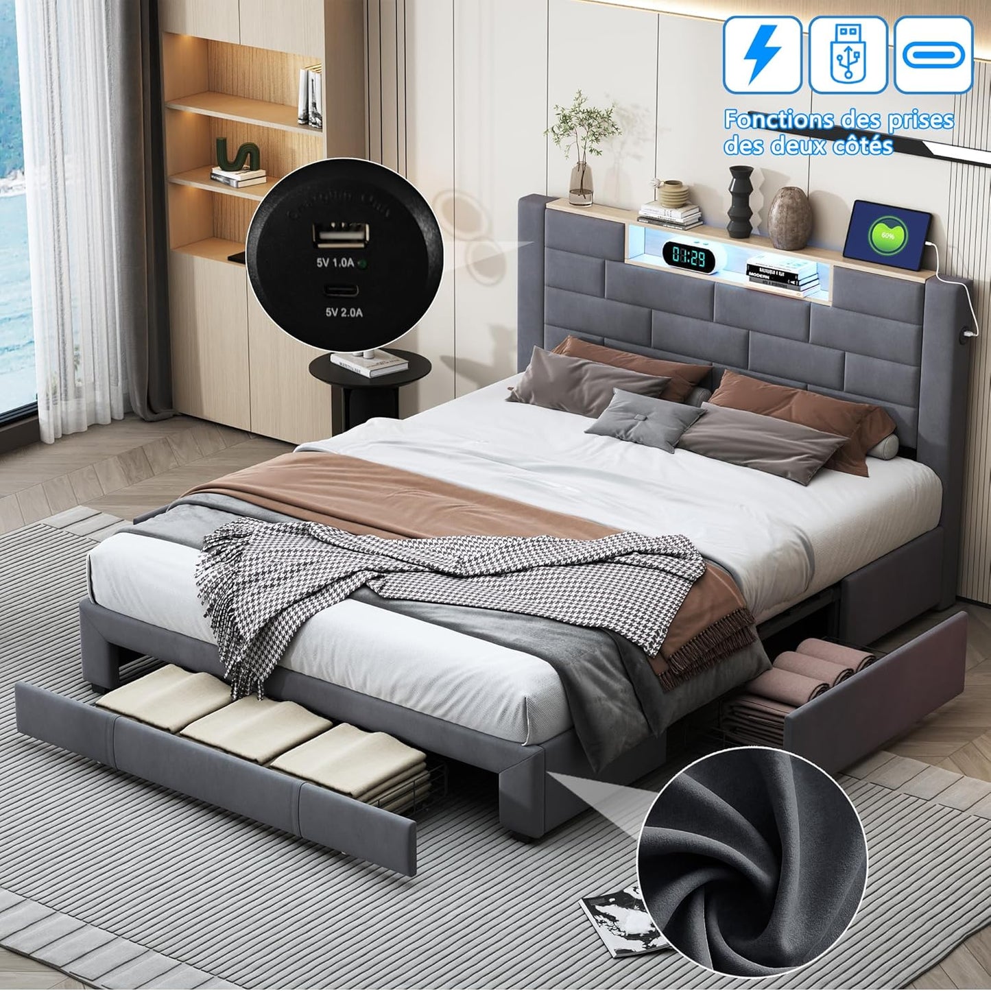 Tweepersoonsbed – Dubbelbed – Slaapbed – Led-bed – Opbergbed – Grijs 140x200 cm – Ingebouwde LED-verlichting – USB- en Type-C-poorten