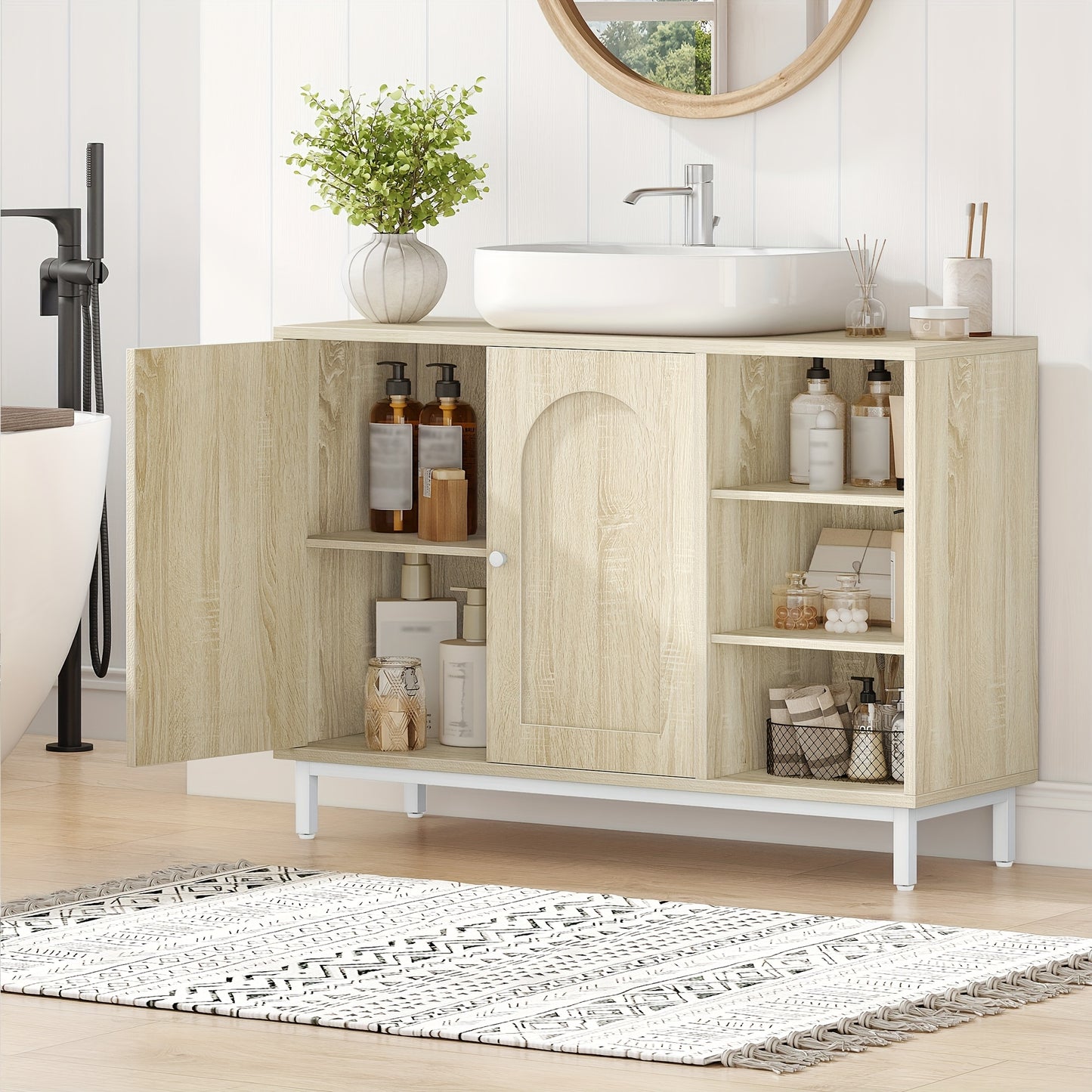 Badkamermeubel – Badkamerkast – Onderkast – Wastafelmeubel – Toiletmeubel – Licht Eiken – 2 Deuren Met Verstelbare Planken – Vochtbestendig P2 MDF Met Metalen Poten