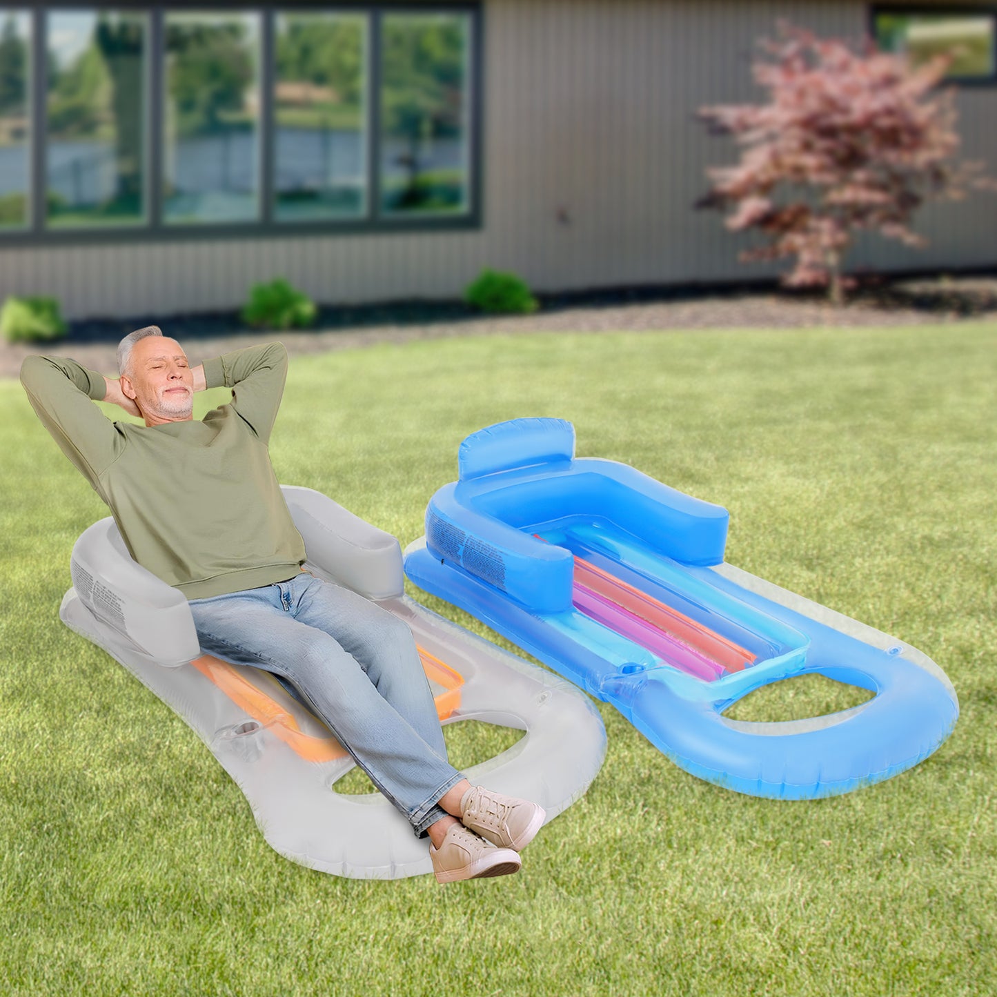 Drijvende Stoel – Drijvende Ligstoel – Lounge Stoel – Waterhangmat – Zwembad Ligbed – Set van 2 – Groot Formaat 160x84 cm – Duurzaam PVC Met Rugleuning & Armsteunen