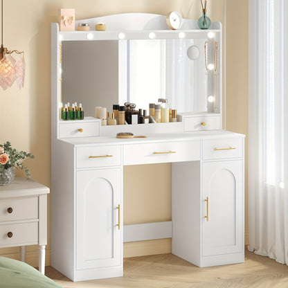 Kaptafel – Make-up Tafel – Dressing Table – Cosmeticatafel – Vanity Set – Grote Spiegel – Verstelbare LED Verlichting – 5 Laden & 2 Kastjes – Wit – 40x108x149 cm