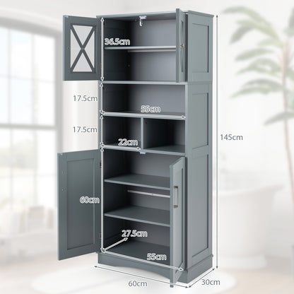 Badkamerkast – Badkamermeubel – Kolomkast – Opbergkast – Vrijstaande Kast – Acryl Deuren – Verstelbare Planken – 145 cm Hoog – Grijs