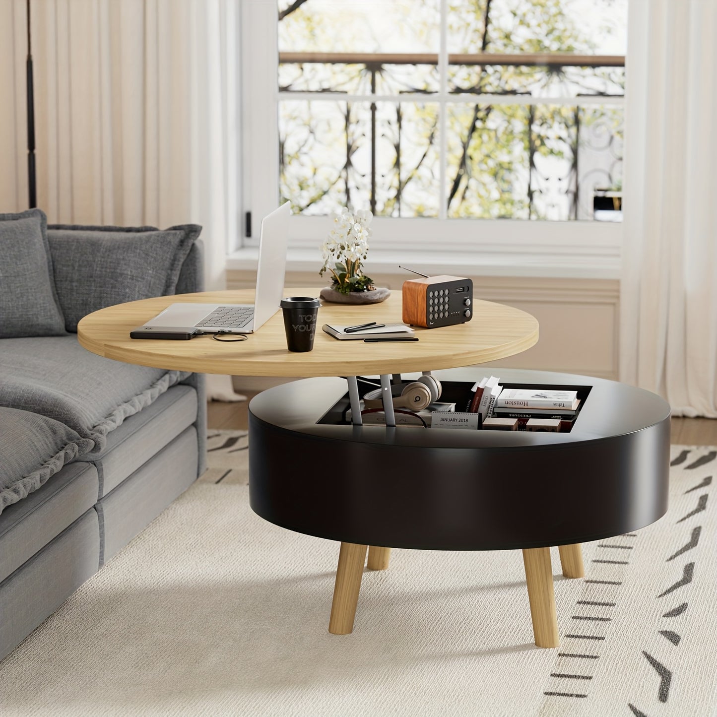 Salontafel – Woonkamertafel – Bijzettafel – Koffietafel – Rond – Verstelbaar Opklapbaar Tafelblad – Verborgen Opbergruimte – Hout en Zwart