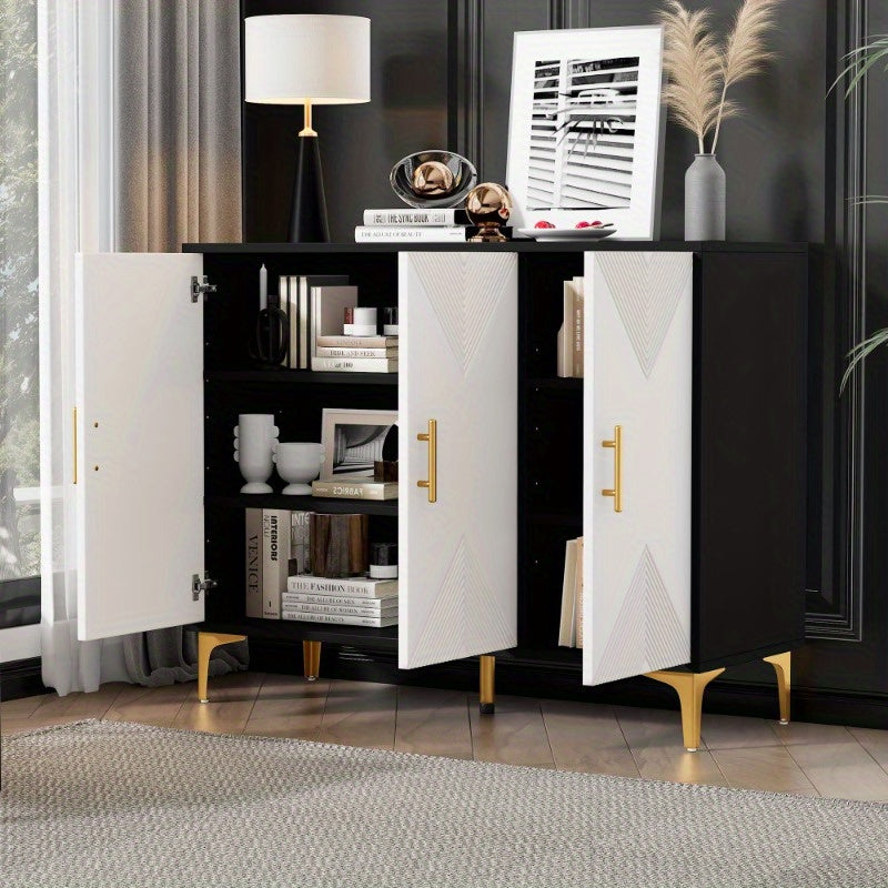 Modern Metallic Sideboard Cabinet - Elegant White & Golden Accent Storage with Doors, Non-Wood Furniture for Living Room, Bedroom, Dining Room - Easy Assembly Required, Preppy Room Decor, Bedroom Organizer, Classic Striped Do