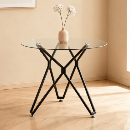 Ronde Eettafel – Eettafel Glas – Tafel Klein – Ronde Tafel – Keukentafel Zwart Metaal – 90 cm Diameter – Gehard Glasblad – Stevig Metalen Onderstel