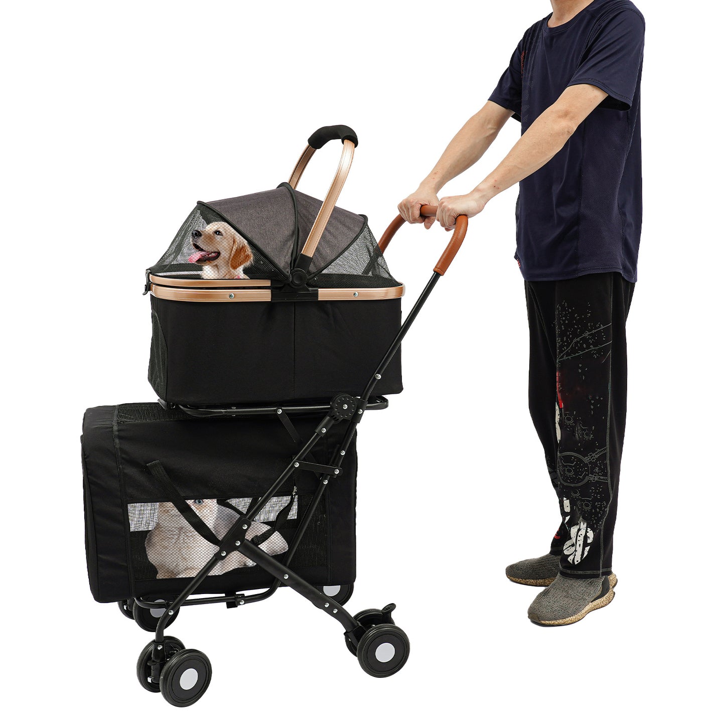 3-in-1 Heavy-Duty Two-Tier Pet Stroller Compatible for Dogs & Cats - Heavy-Duty Oxford Fabric & Frame, Spacious 2-Tier Kennel with Ventilation, Design & All-Terrain Wheels - Lightweight Portable Cart for Twins/Pets