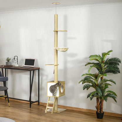 Cat Tree, 49cm, Sisal Scratching Post, Ball Run, Play Ball, Spring, 4-in-1 Design, Oak, White Cat climbing frame, cat tree, cat jumping platform, multifunctional cat tree, cat toy, duplex cat bed, Pet Play Tower, Feline Enric