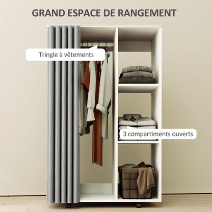 HOMCOM Wardrobe Closet Storage Furniture Mobile 6 Wheels with Clothes Rail And Open Shelves, Rolling Wardrobe Dressing Room for Bedroom, Dim. 80 X 40 X 128 Cm, White