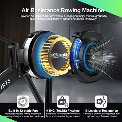 Roeimachine – Roeitrainer – Roeiapparaat – Fitness Roeimachine – Air Resistance Rowing Machine – 10 Weerstandsniveaus – Draadloos Smart Display – Inklapbaar – Max 160 kg Belastbaar